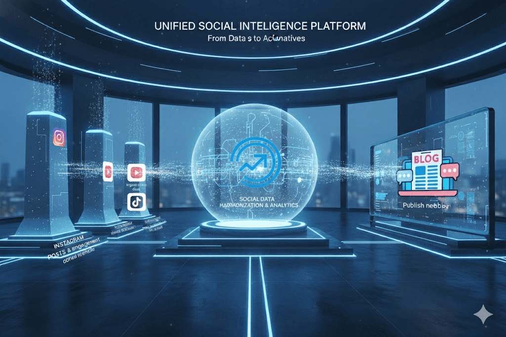 UNIFIED SOCIAL INTELLIGENCE PLATFORM - Futuristic high-tech data processing environment in a dark room with glowing blue neon lines. Shows Instagram, YouTube, and TikTok data ingestion pillars, central transparent glowing sphere with 'SOCIAL DATA HARMONIZATION & ANALYTICS' icon, and blog publishing output screen. From Data to Actionables.